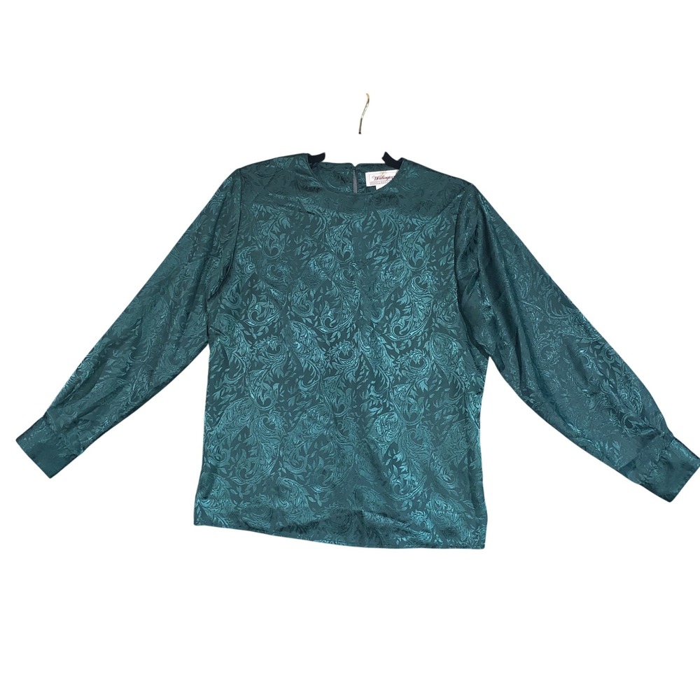 Worthington Petite Blouse Size 6P Emerald Green Floral Damask Long Sleeve Top